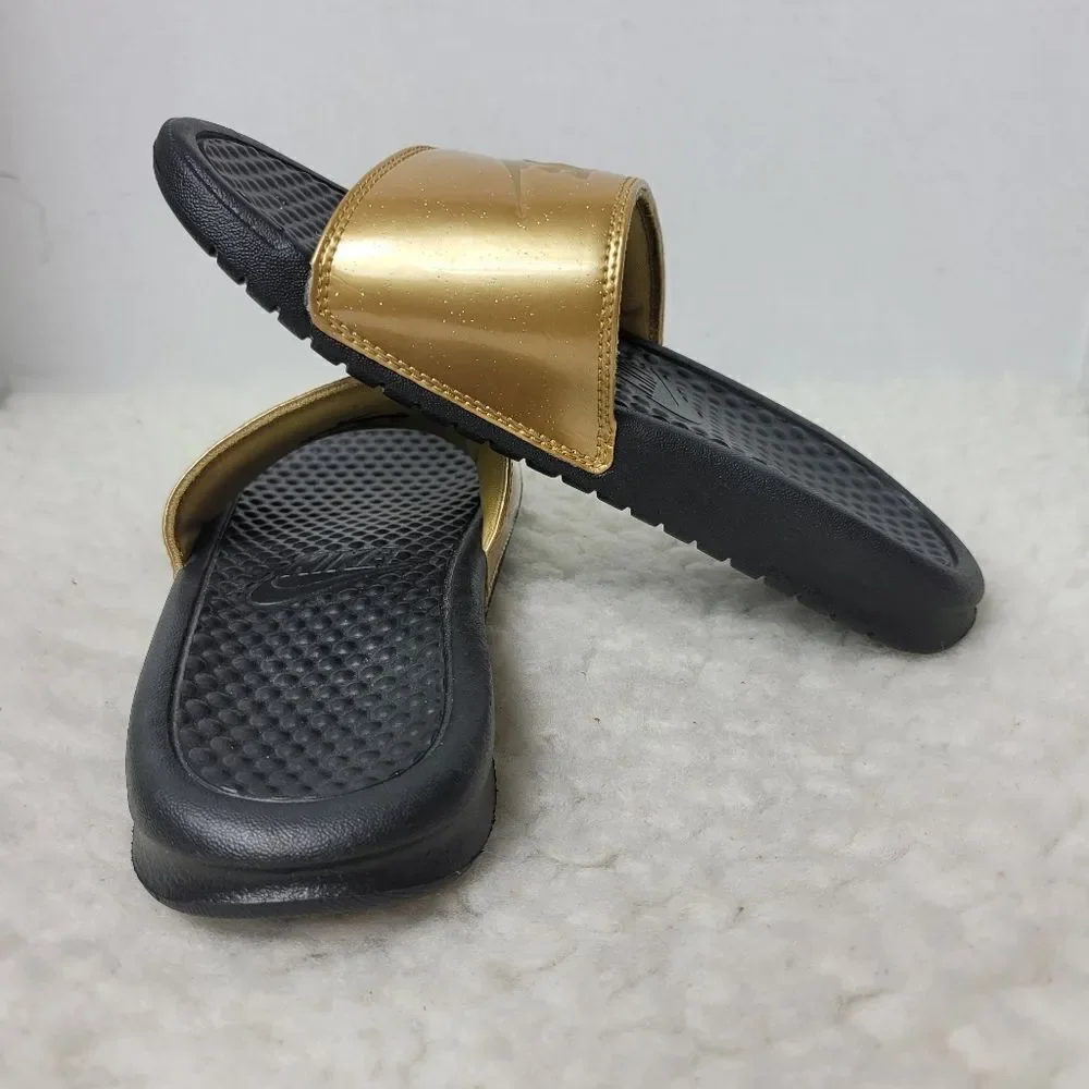 Nike Benassi Women's Slide Size 6 Sandals Black Gold Print Casual Shoes